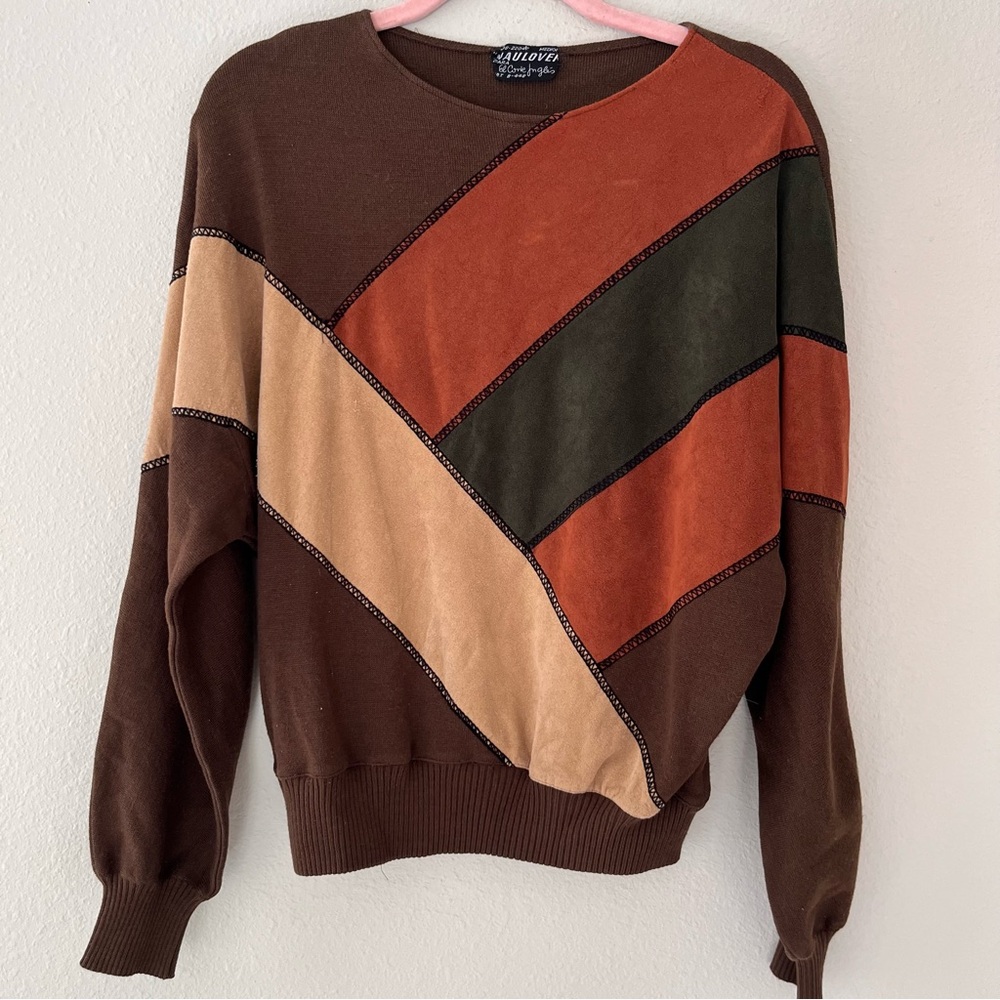 Naulover Corte Ingles Faux Suede Patxhwork Sweater Size Medium Vintage‎ Brown